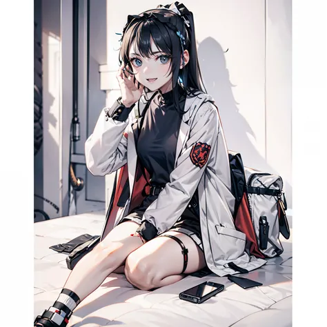 White coat，blacksilk，long whitr hair，Armour，red striped，youthfulness，elated，backpacks，hand gun，