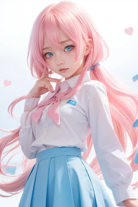 light pink colored hair，Powder-blue pupils，Wear a school uniform with a combination of pink and blue，Milky loli，super beautifulgirl