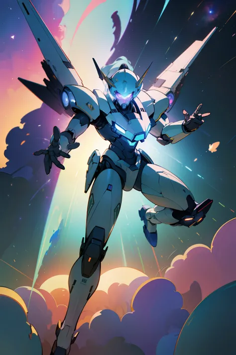 Notice: Create a digital masterpiece of  robot in stunning unicorn-inspired armor. The armor should be predominantly white with blue and gold accents. The mecha should be in a dynamic flight pose, swooping out of space towards the viewer. It should have gl...