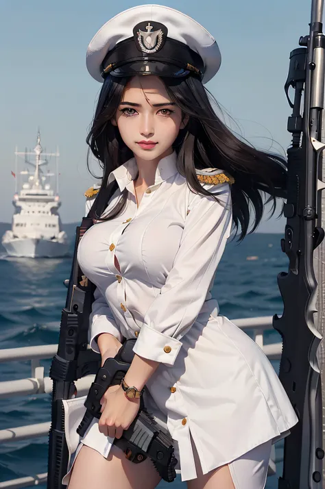 Kizi， an Quority， top-quality， big breasts beautiful， prette， The sheen，On warships， tmasterpiece， Cat eyes，white naval uniform， Long black hair，With a military cap，The eyes are sharp and affectionate，A sweet smile，Fighting posture，white colors，(((Armed wi...