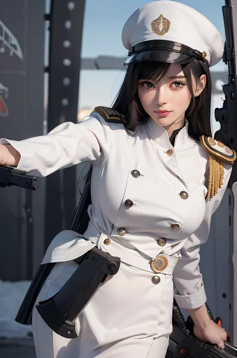 Kizi， an Quority， top-quality， big breasts beautiful， prette， The sheen，On warships， tmasterpiece， Cat eyes，white naval uniform， Long black hair，With a military cap，The eyes are sharp and affectionate，A sweet smile，Fighting posture，white colors，(((Armed wi...