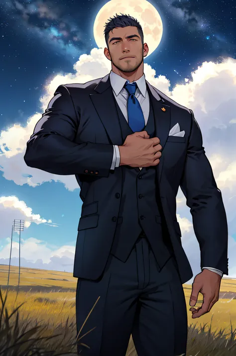 Draw a full-fledged footballer，Standing on the steppe at night，Quiet and comfortable background，He wears the same suit as the countrys president，The suit fits perfectly，Handsome face，eyes with brightness，The man looks confident and determined，looking-down，...