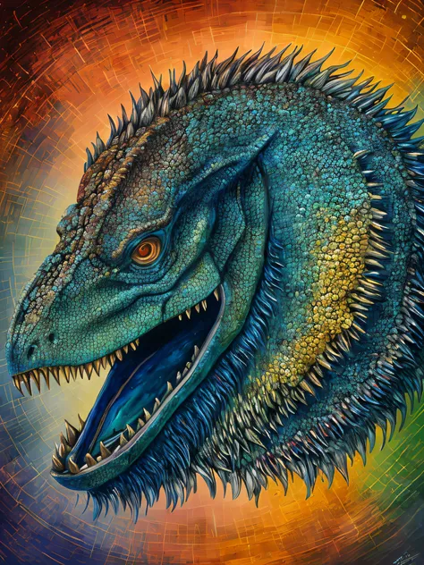 A closeup of a dinosaur head with a colorful background, inspirado em Adam Rex, Pintura digital de Quetzalcoatl, pintura digital altamente detalhada, epic full color illustration, pintura digital altamente detalhada