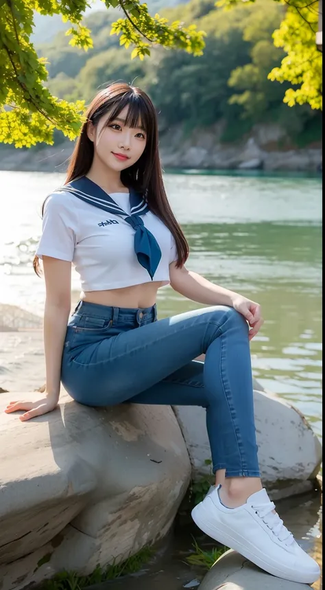 a pregirl，horse tailed，Large breasts, ssmile, looking at viewert, sailor uniformm,skintight jeans, athletic sneakers，photore, realisticlying, Best quality at best, employee, 详细的脸, Sitting on a large rock by the river in the middle of the woods, diffuseligh...