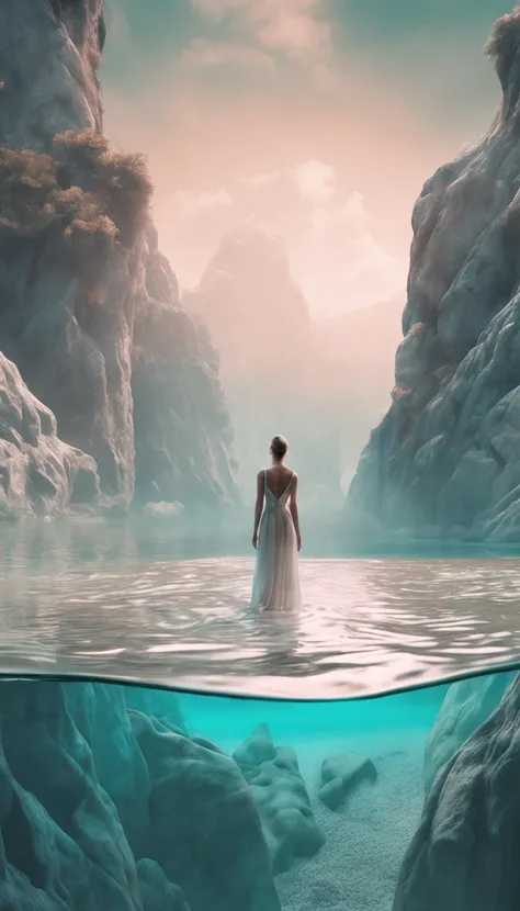 A photo of a woman standing next to it, with a surreal 3d landscape, meticulous brushwork style, emphasis on character design, translucent water, ultra HD images, white and cyan, calligraphic inspiration, ethereal mood distant