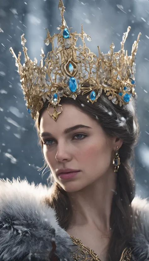 Woman with an ice tiara on her head and a navy blue winter cloak with golden details, broche de floco de neve. longos cabelos pretos. rainha do inverno, princesa elfa, retrato de uma rainha elfa, rainha elfa, princesa inverno, uma rainha elfa, artgerm em a...