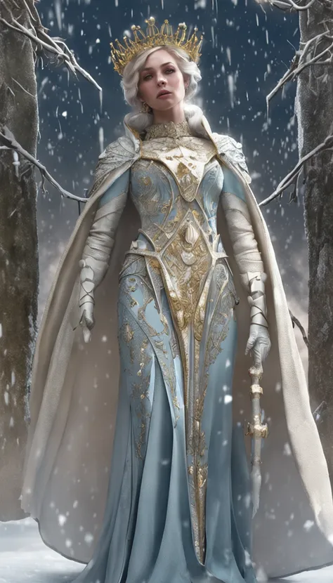 Woman with an ice tiara on her head and a navy blue winter cloak with golden details, broche de floco de neve. longos cabelos pretos. rainha do inverno, princesa elfa, retrato de uma rainha elfa, rainha elfa, princesa inverno, uma rainha elfa, artgerm em a...