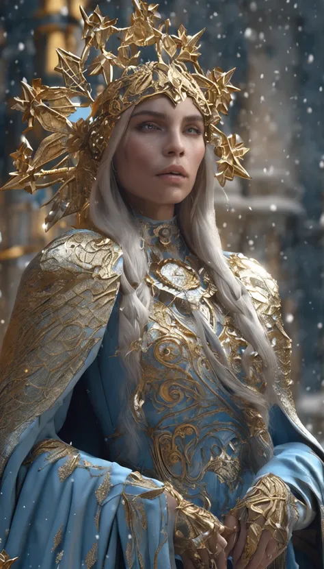 Woman with an ice tiara on her head and a navy blue winter cloak with golden details, broche de floco de neve. longos cabelos pretos. rainha do inverno, princesa elfa, retrato de uma rainha elfa, rainha elfa, princesa inverno, uma rainha elfa, artgerm em a...