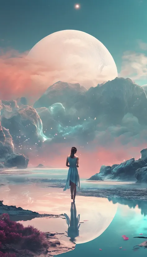 Photo of the woman standing next to it, With surreal 3D landscape, Meticulous brush stroke style, emphasis on character design, Translucent water, Ultra HD images, white and cyan, Calligraphy inspiration, Distant ethereal mood