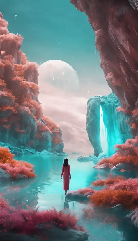 Photo of the woman standing next to it, With surreal 3D landscape, Meticulous brush stroke style, emphasis on character design, Translucent water, Ultra HD images, white and cyan, Calligraphy inspiration, Distant ethereal mood