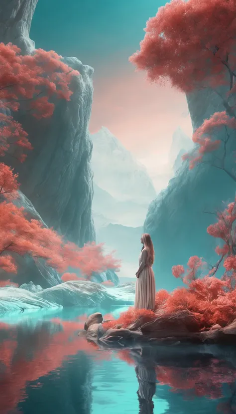 Photo of the woman standing next to it, With surreal 3D landscape, Meticulous brush stroke style, emphasis on character design, Translucent water, Ultra HD images, white and cyan, Calligraphy inspiration, Distant ethereal mood