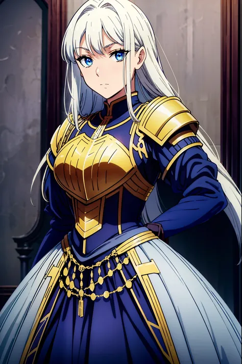 (Top quality, masterpiece) An armored young woman standing at arms with a sword sheathed at her hip and a soft expression. She possesses blue eyes and waist-length blonde hair that cascades down her back and drapes over her left shoulder. Her armor is eleg...