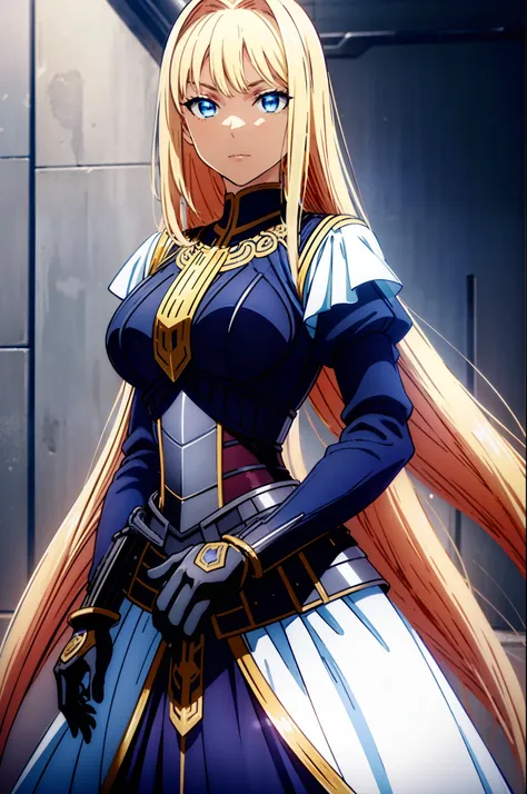 (Top quality, masterpiece) An armored young woman standing at arms with a sword sheathed at her hip and a soft expression. She possesses blue eyes and waist-length blonde hair that cascades down her back and drapes over her left shoulder. Her armor is eleg...