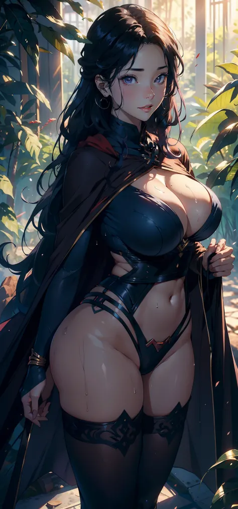 1female，25 age old，Large breasts，long leges，Big breasts Thin waist，Pornographic exposure， 独奏，（Background with：ln the forest，the rainforest，in summer） She has long purple hair，standing on your feet，Sweat profusely，drenched all over the body，seen from the fr...