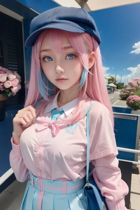 light pink colored hair，Powder-blue pupils，Wear a school uniform with a combination of pink and blue，Milky loli，super beautifulgirl