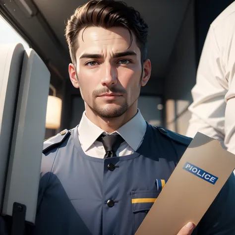 Dressed in a police officers uniform、Beardless Man