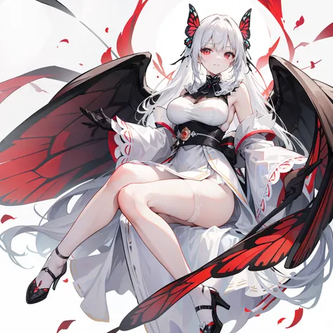 Royal Sister，White waist-length hair，Dignified and elegant，Hair has black dye，white dresses，Black silk long gloves，Black lace lining，Huge body-sized multicolored red butterfly wings like flames，black sash，Black one-piece stockings，White heels，Insect antenn...