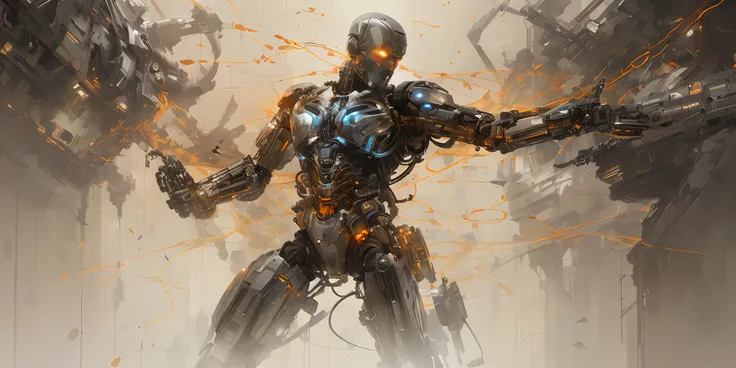 there is a digital painting of a man with a robot like body, intricate transhuman, highly detailed cybernetic body, inspired by Raymond Swanland, by Craig Mullins, melted cyborg, painterly humanoid mecha, cyborg body, 4k highly detailed digital art, cybern...