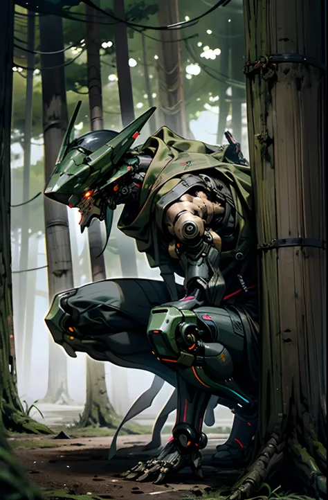 Dark_Fantasy,Cyberpunk,1man,Mechanical ,Robotic ,cyborg, ninja, octane render, (((stealth))), forest background, camoflague