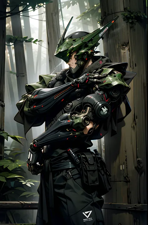 dark_fantasy,cyberpunk,1man,mechanical ,robotic ,cyborg, ninja, octane render, (((stealth))), forest background, camoflague