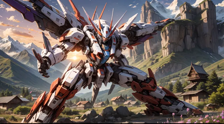 Mecha, holding a weapon, fighting other mecha, mountain village background, sunset purple sky