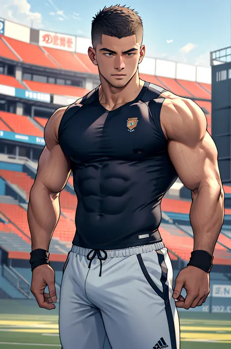 Draw a full-fledged athlete，Stand on the central field of the gym，He wears high-end sportswear，The man looks confident and determined，looking-down，Crew cut，full bodyesbian，shooting from below，