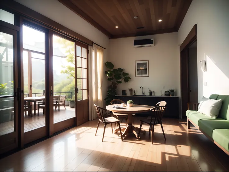 interior design、Insanely detailed wide-angle architectural photo、Cozy contemporary living room、(Bright and warm sunlight 1:0.1)、Award-winning contemporary interior design、landscapes、The table、a chair、in a house、Wooden flooring、window、resturant、east asian e...