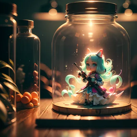 1girl in glass,a retro style miniature store in a glass container, in the style of neon-infused digitalism, kawaii art, michal karcz, chaotic forms, technological design, soft color blending, toy-like proportions --auto --s2