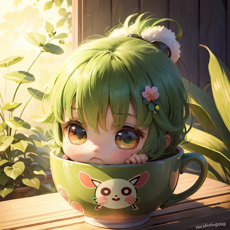 Cute chibi anime in a cup, wear green kimono, drink tea, logo