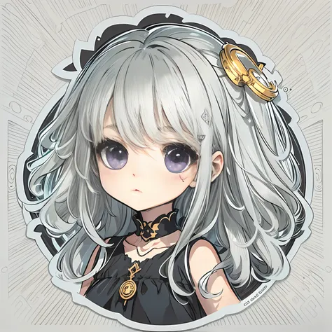 Sticker, Cute anime girl head, Long silver-white hair style,Deep purple eyes，lovely black dress，in circle, White background, Golden，Simple, Ultra detailed, Detailed drawing, vectorised, Silhouette, 8K, professional sticker design, Flat design, Vector lines...