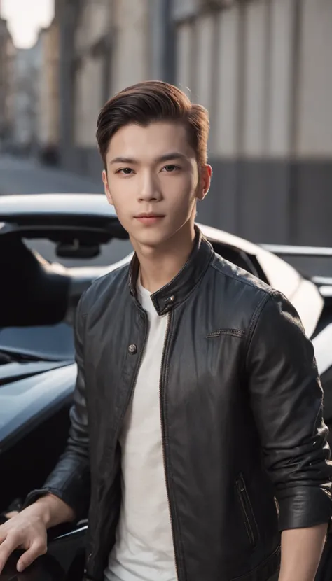 a young boy physically good wearing black shirt jeans that look awsome and dark jacket standing near a supercar and a heliptor on him potrait