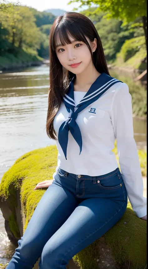 a pregirl，horse tailed，ssmile, looking at viewert, sailor uniformm,skintight jeans, athletic sneakers，photore, realisticlying, Best quality at best, employee, 详细的脸, Sitting on a tall mossy rock by the river in the middle of the woods, diffuselighting, dept...