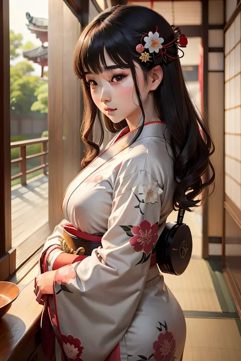 Woman in kimono、full bodyesbian、A Japanese Lady、A dark-haired、Close-up hair、full bodyesbian、Kimono with a calm pattern、Have kimono accessories、