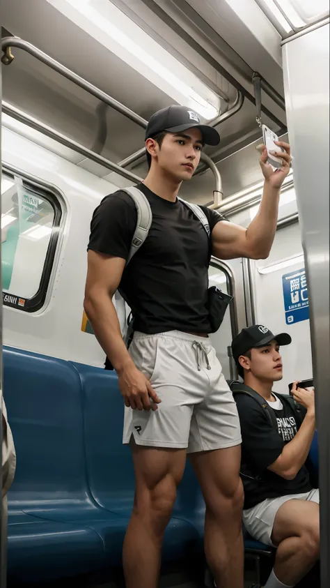 1人，A 20-year-old man in the subway，Standing in a subway car，Ultra-flat head，Brown baseball cap，white tight t-shirt，A Gray Sports Shorts，leg apart，musculous，Handsome，Looking at the phone，Sport backpack，white short socks，White sneakers，exhilarated，Be red in ...