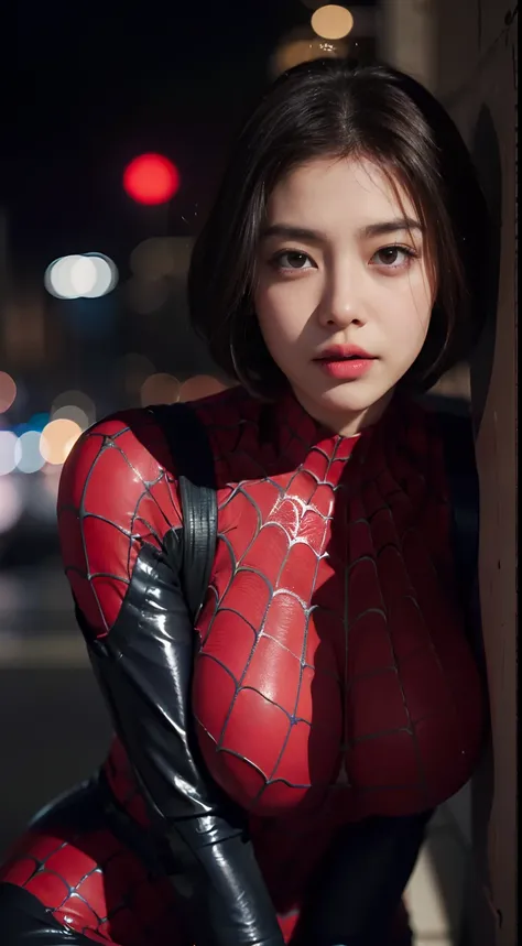 1girl, night, cityscape, city lights, upper body, close up, 8k, raw photos, best quality, masterpiece, realistic, photo realistic, spider-man suit, huge, thick thighs, asian face, short hair, brunette hair