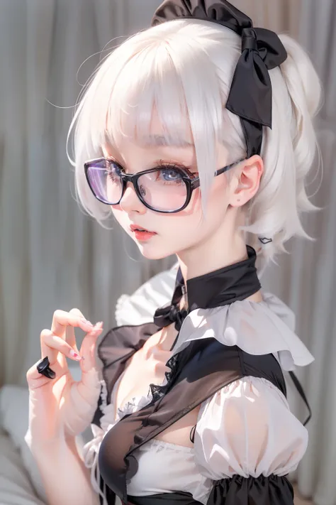 White hair, teens girl, the maid outfit, Look down, black-frame glasses, Qi bangs, blacksilk，lusting