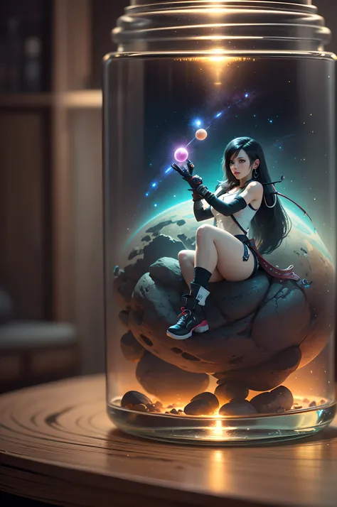 ((final fantasy 7 remake tifa)),(tifa),tifa in glass bottle,view close up aerith,a retro style miniature store in a glass container, in the style of neon-infused digitalism, kawaii art, michal karcz, chaotic forms, technological design, soft color blending...