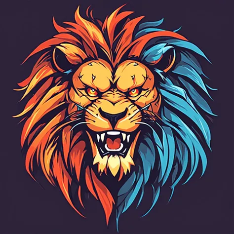 ::style vetor, vectorized logo of a fierce lion, logo em (((formato arredondado))), vivid colors, contornos e fundos brancos, chamas em volta do logo  ::n_style fundo da imagem, deformations in the logo, cartoon, anime