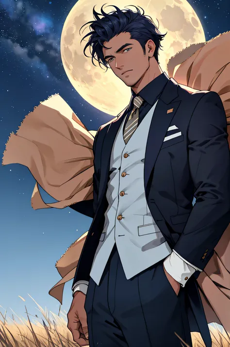 Draw a full-fledged footballer，Standing on the steppe at night，Quiet and comfortable background，He wears the same suit as the countrys president，The suit fits perfectly，Handsome face，eyes with brightness，The man looks confident and determined，looking-down，...