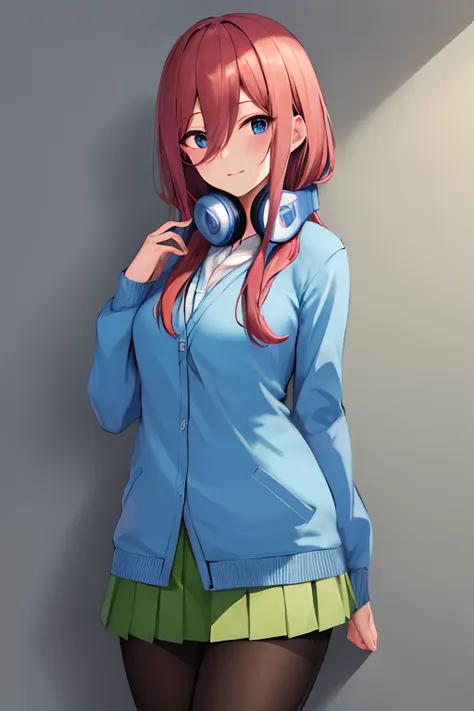 masterpiece, best quality, highres, nm1, headphones around neck, school uniform, long sleeves, blue cardigan, green skirt, panty...