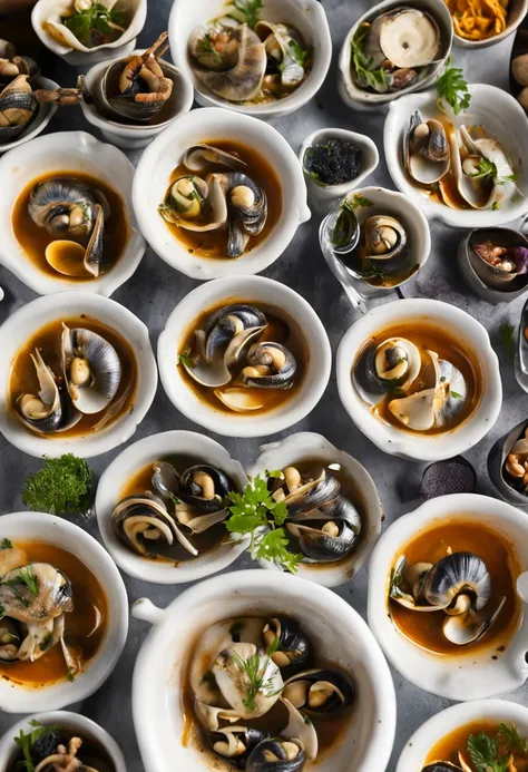 Up of escargot dishes　high-level image quality　White background　Composition seen from above