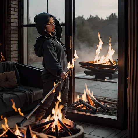 brunette, american woman, playing with fire facing the window, wearing a black hoodie and grey sweats, ultra detail, dynamic, epic, high priestess,