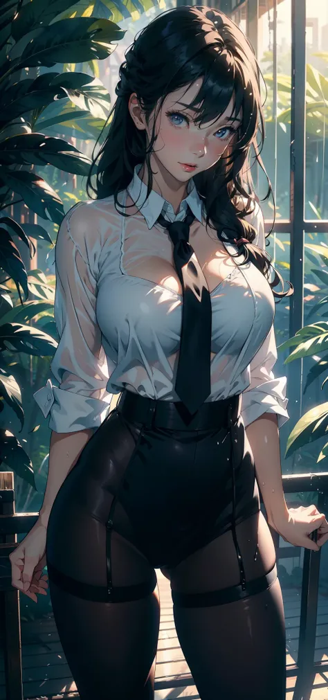 1female，25 age old，Large breasts，Pornographic exposure， 独奏，（Background with：ln the forest，the rainforest，in summer） with his long black hair，standing on your feet，Sweat profusely，drenched all over the body，seen from the front， curlies， mostly cloudy sky，（（...