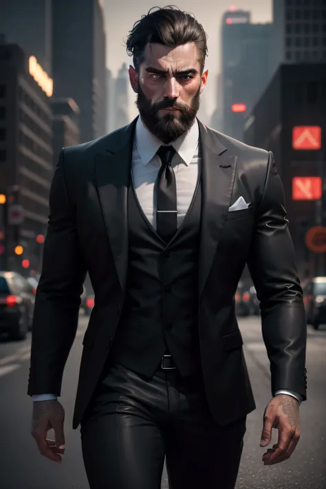 Man with defined body and beard, ((wearing black suit)), Gotham City background at night, photorealistic, photo, masterpiece, realistic, realism, photorealism, high contrast, photorealistic digital art trend on Artstation 8k HD high definition realistic de...