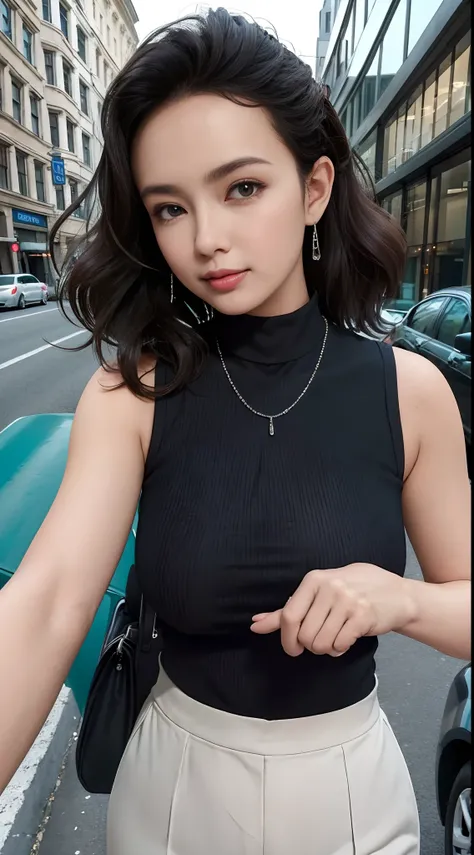 (masterpiece, best quality), beautiful woman, detailed sleeveless turtleneck top, pants, necklace, wavy hair, perfect face, beautiful face, alluring, big gorgeous eyes, open mouth, happy, perfect slim fit body, (outdoor), city streets, new york, bright col...