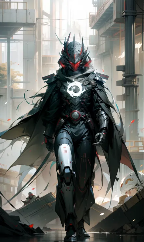 male people，The helmet of an ancient Chinese general，Red mask，Strong males，Huge shoulder armor，Tall mech，Silver-white body，The white，Use the plasma sword，There is a dragon particle effect，Yin and Yang gossip，Formation，mechanical sense，sense of strength，Sen...