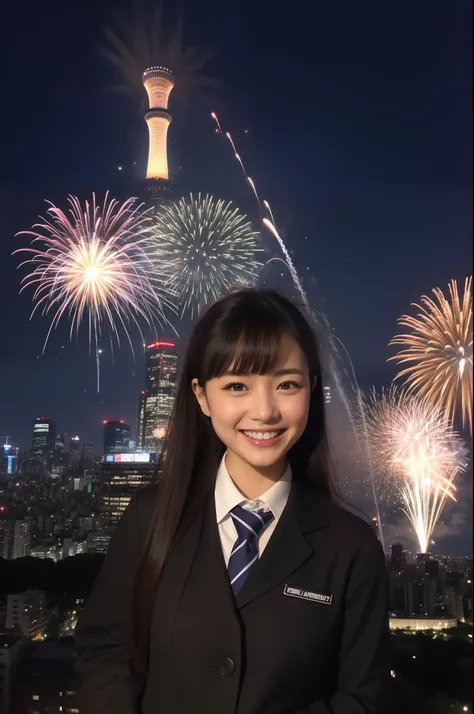 A smile、hi-school girl、校服、While doing fireworks、mare、Tokyo Skytree