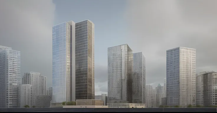 There are two adjacent high-rise buildings, with towers, from street level, tall buildings on the sides, Glass curtain wal, Detailed rendering, Tall structures, sharp hq rendering, architecture render, raising between the buildings, a digital rendering,  t...