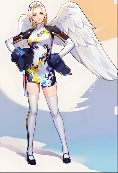 Theres a woman in a dress with wings on a runway, Anjo majestoso de corpo inteiro, tall female angel, design de roupa clara, Mercy do jogo Overwatch (2016), Xianxia de corpo inteiro, imagem de corpo inteiro, corpo inteiro;, mercy ( Overwatch ), black wings...