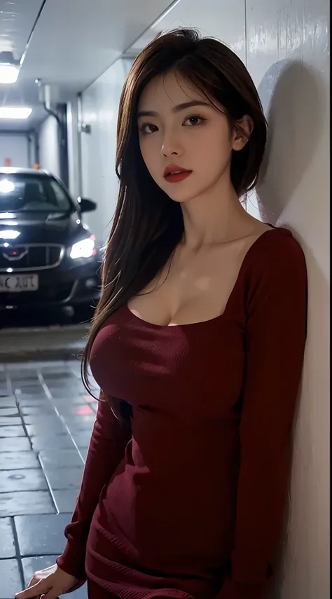 (Extremely detailed, underground parking, fine, slightly fat, busty, big breasts, big breasts, M cups, sexy, red crewneck dress, conservative, refined face, large aperture)